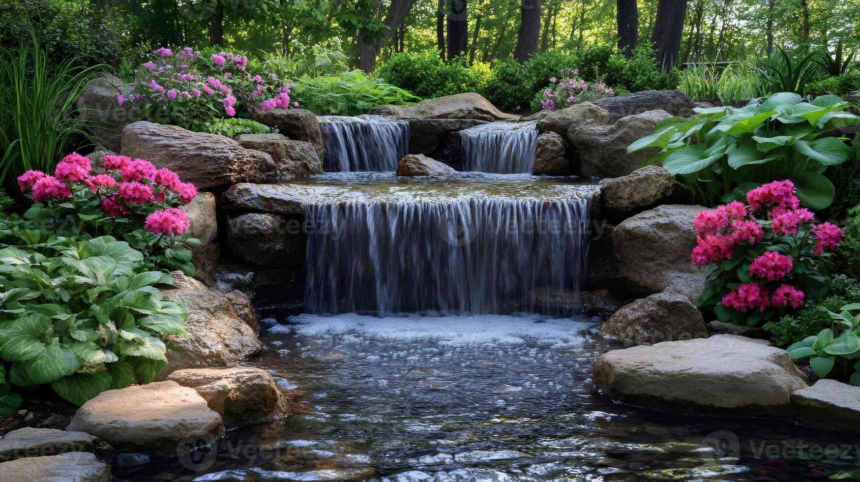 Cascading waterfall flows through lush garden landscape photo