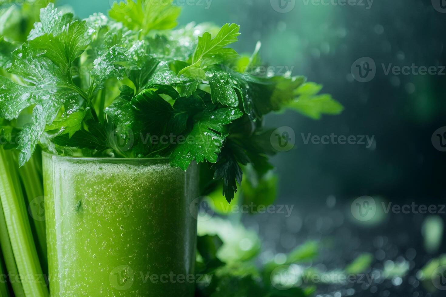 Fresh celery juice with sprig of celery and water drops on dark background photo