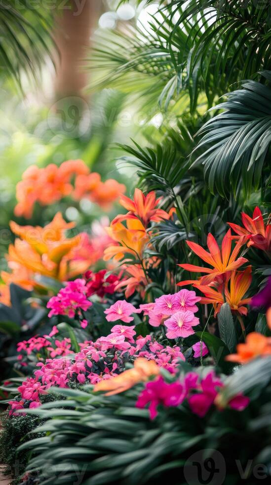 Lush tropical garden bursting with vibrant orchid flowers and palm trees photo