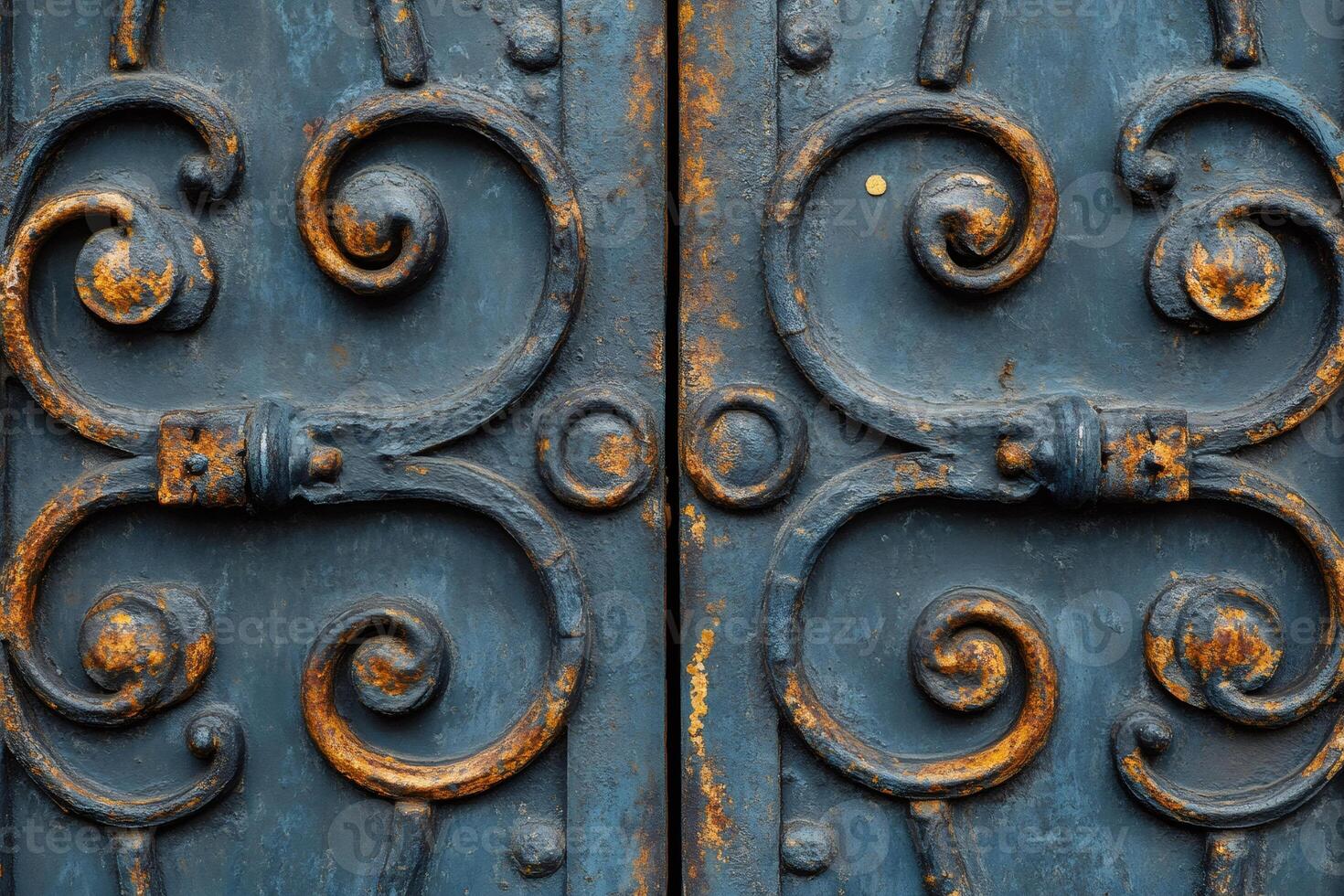 Rusty metal ornament creating a beautiful pattern on a blue door photo