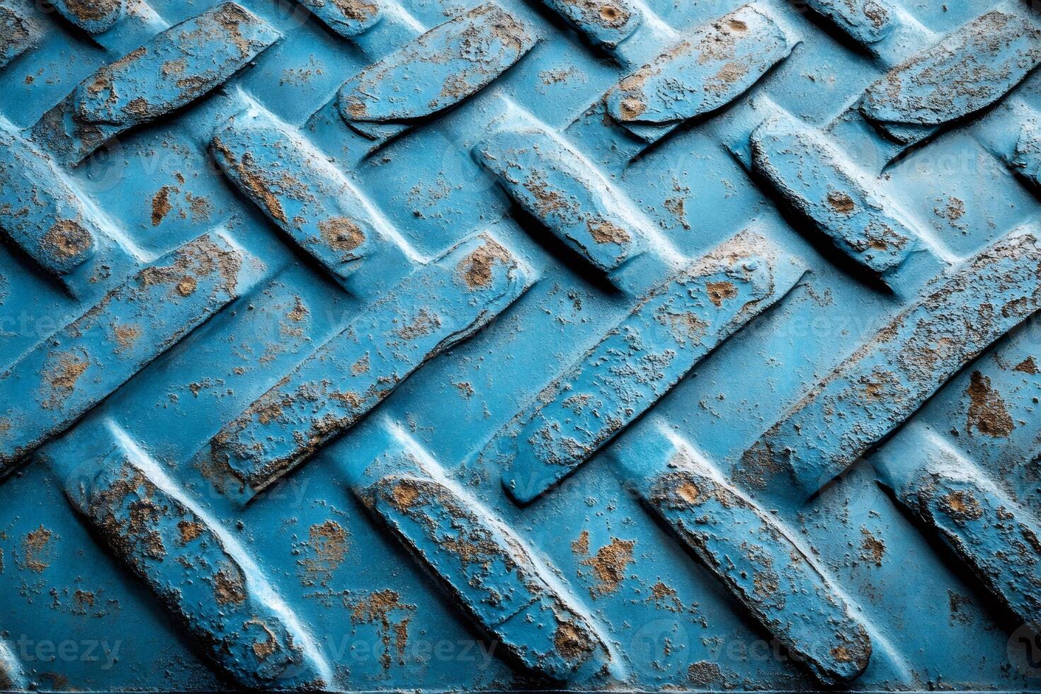 Close up of rusted and weathered blue checker plate metal showing signs of wear and tear photo