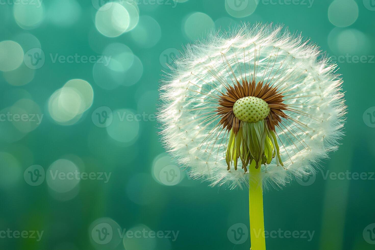 Dandelion clock showing seeds ready to disperse on a bokeh background photo