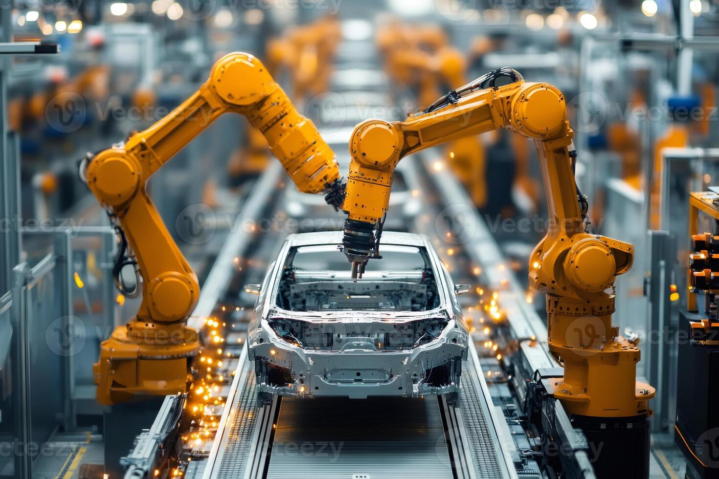 Robotic arms assembling car body in automated factory photo