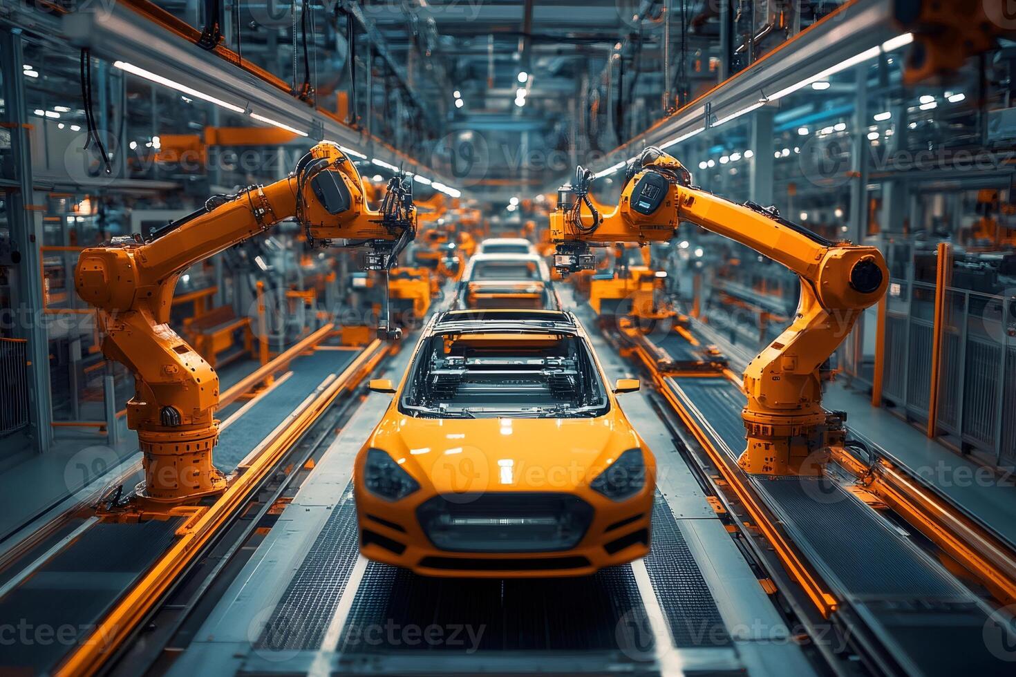 Robotic arms assembling orange car in modern automated factory photo