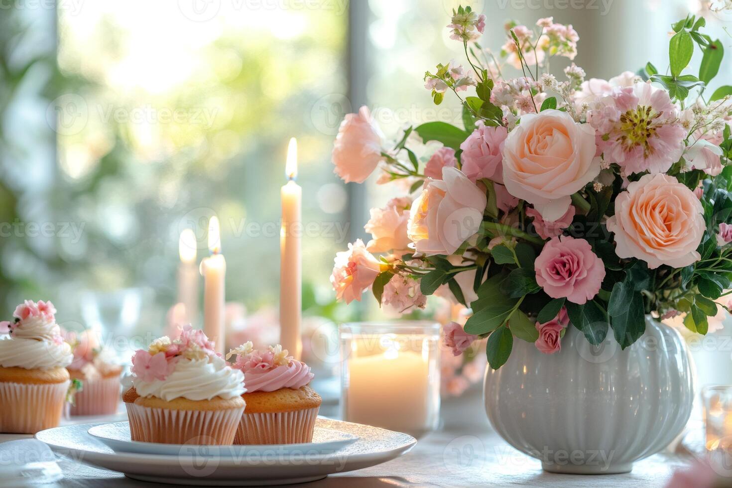 Cupcakes and pink roses creating a festive atmosphere on decorated table photo