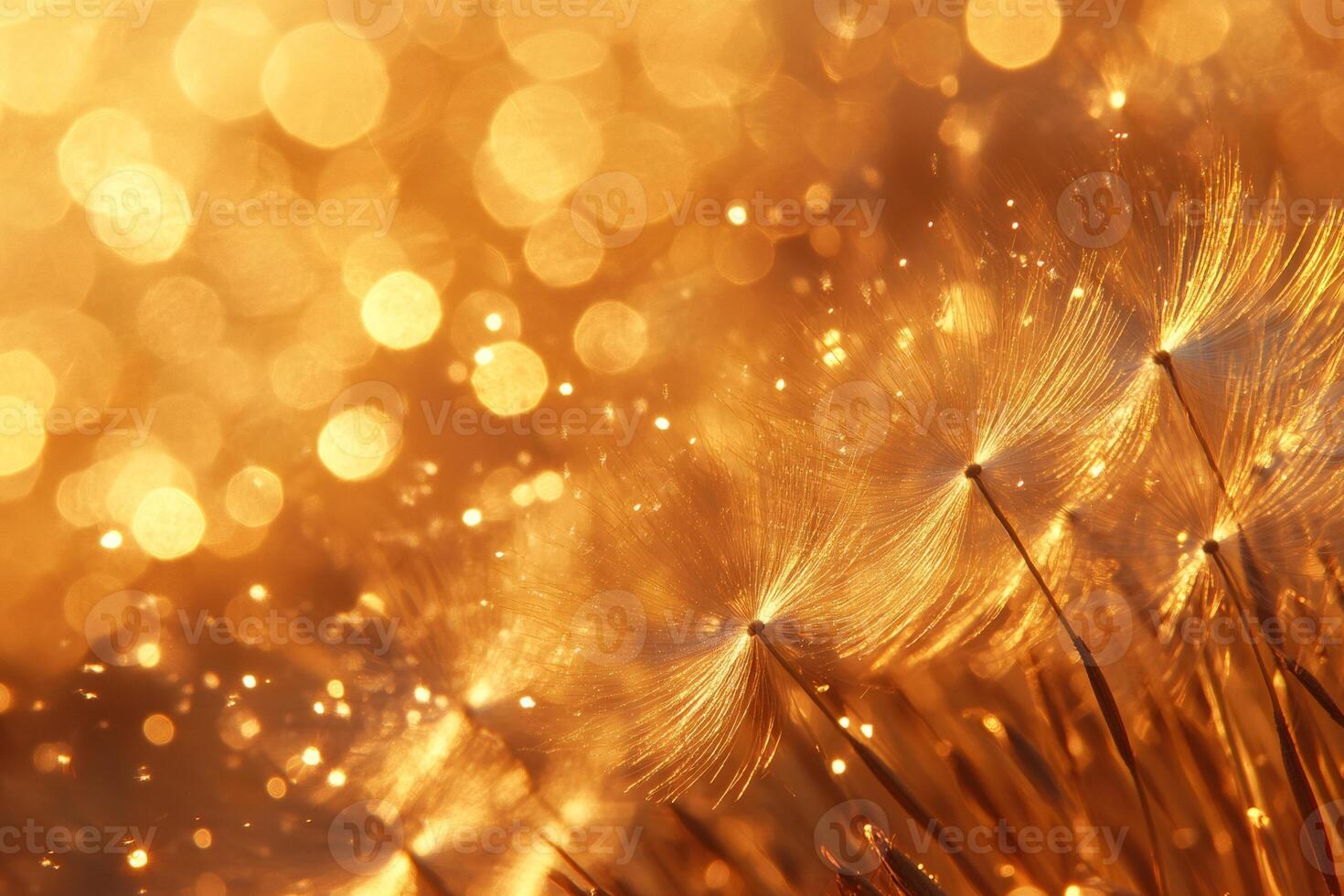 Dandelion seeds glowing in golden light creating magical bokeh effect photo
