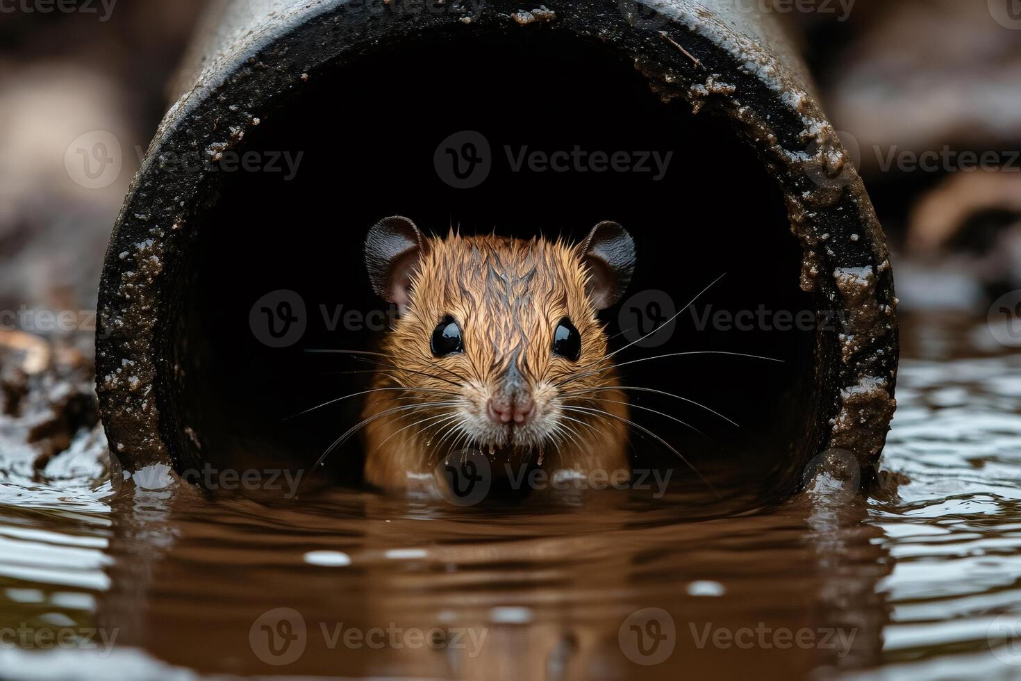 Wet brown rat emerging from sewer pipe photo