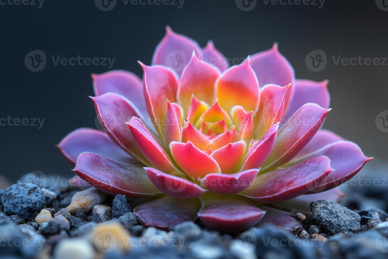 Vibrant pink and orange succulent growing on small rocks photo