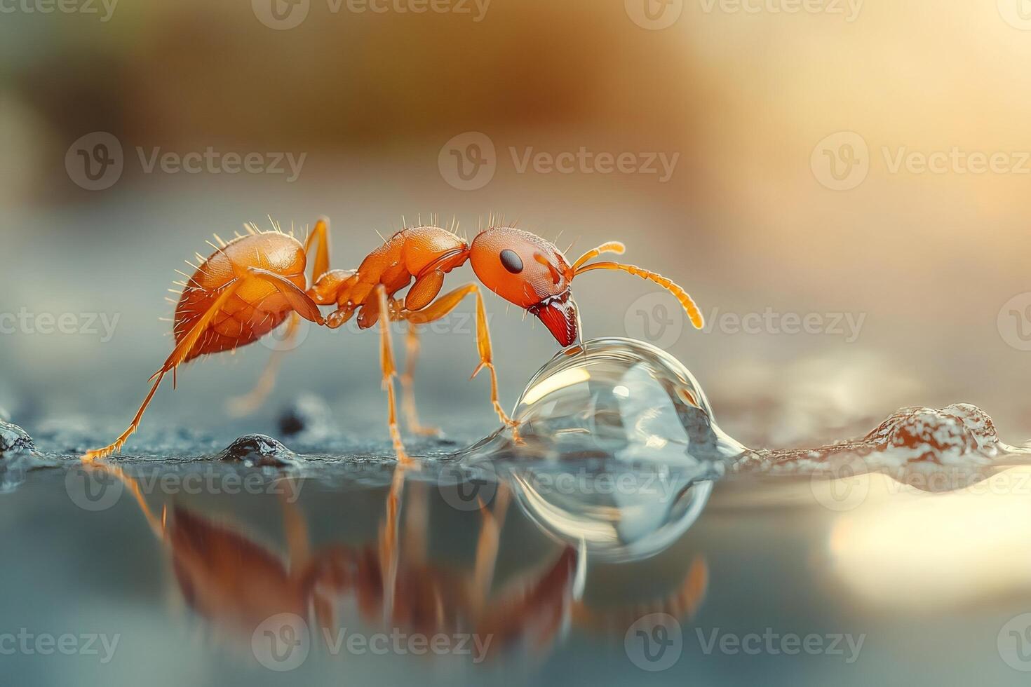 Red ant drinking water droplet reflecting on wet surface photo