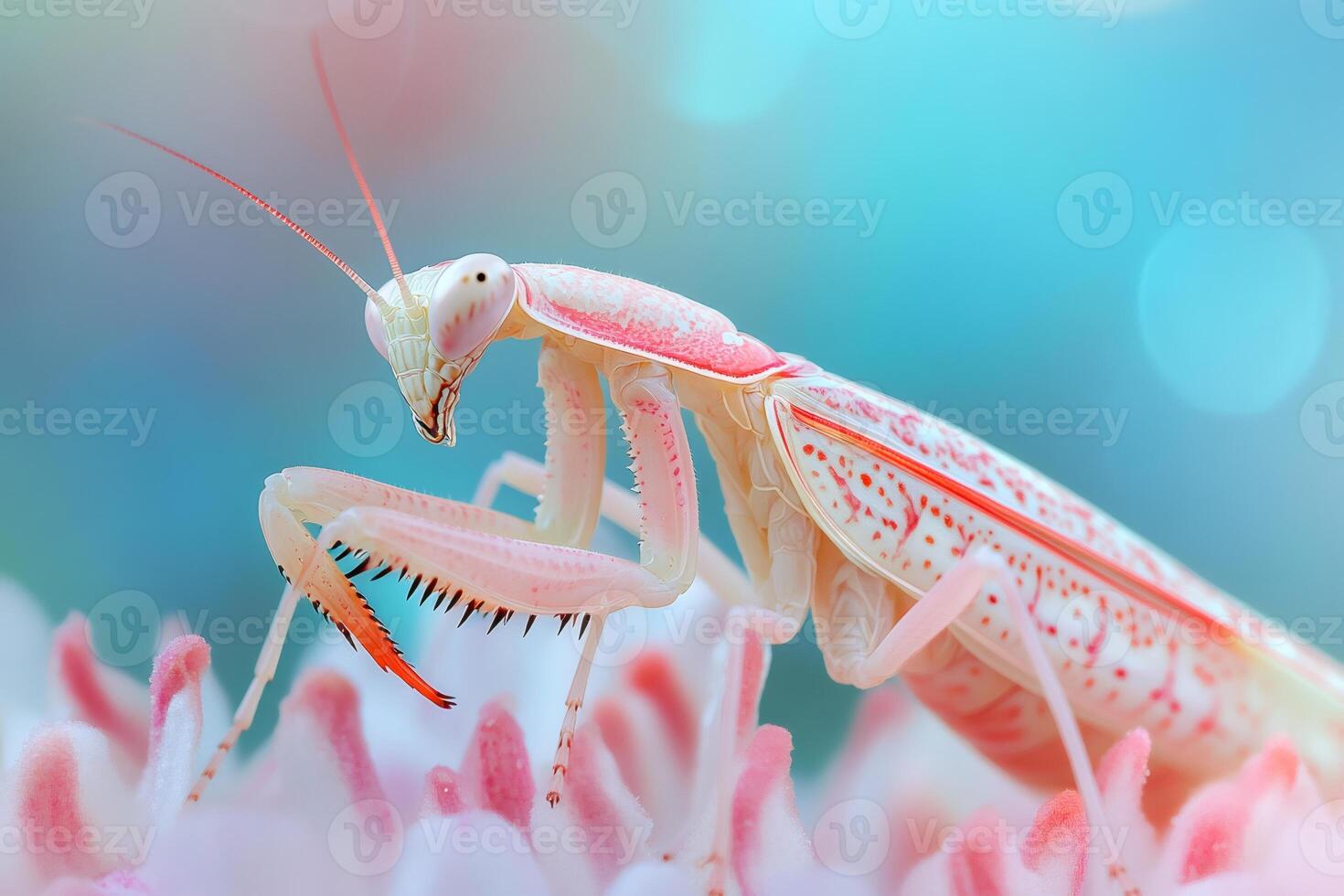 Pink orchid mantis standing on a flower, showing its delicate spikes photo