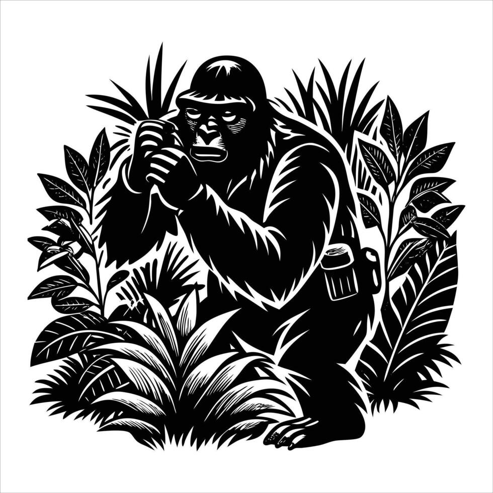 A gorilla sits in a tropical forest vector