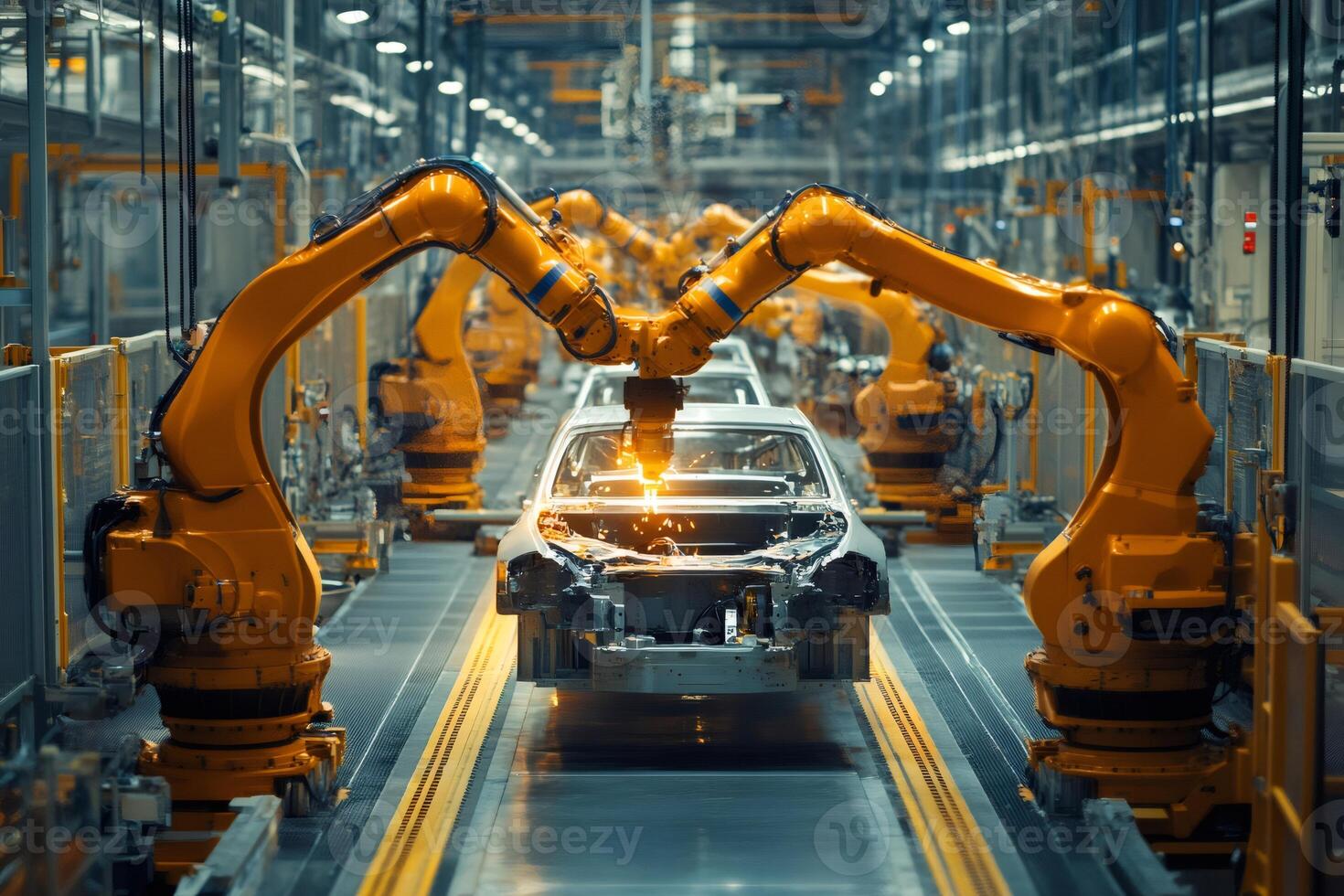 Robotic arms welding car body in automated assembly line... photo