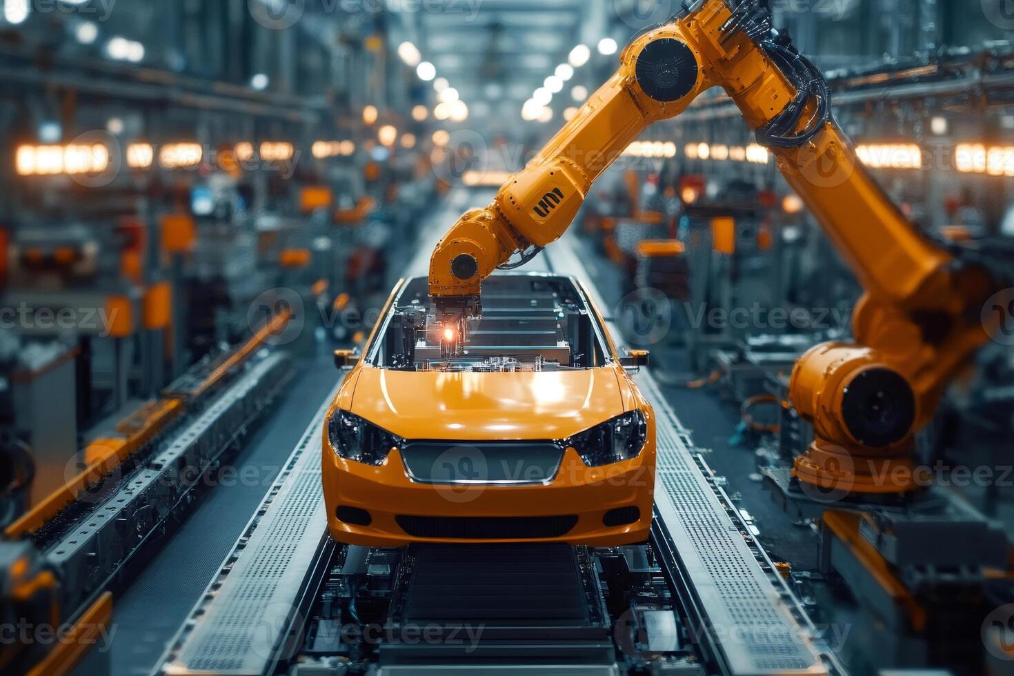 Robotic arms assembling orange electric car in modern automated factory photo