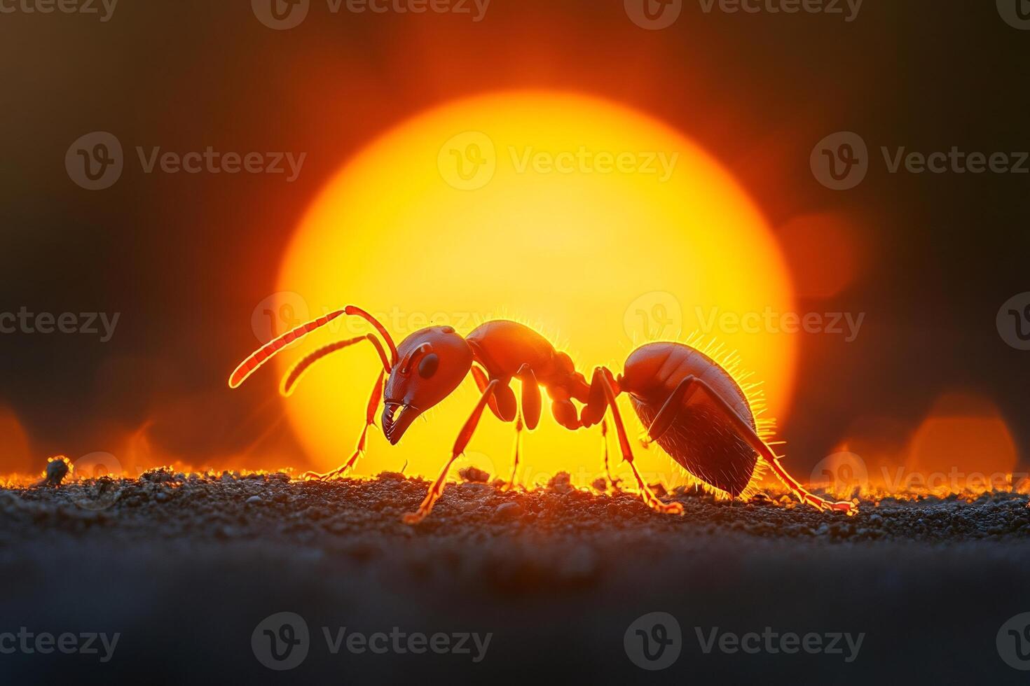 Red ant walking on ground at sunset with big orange sun in background photo