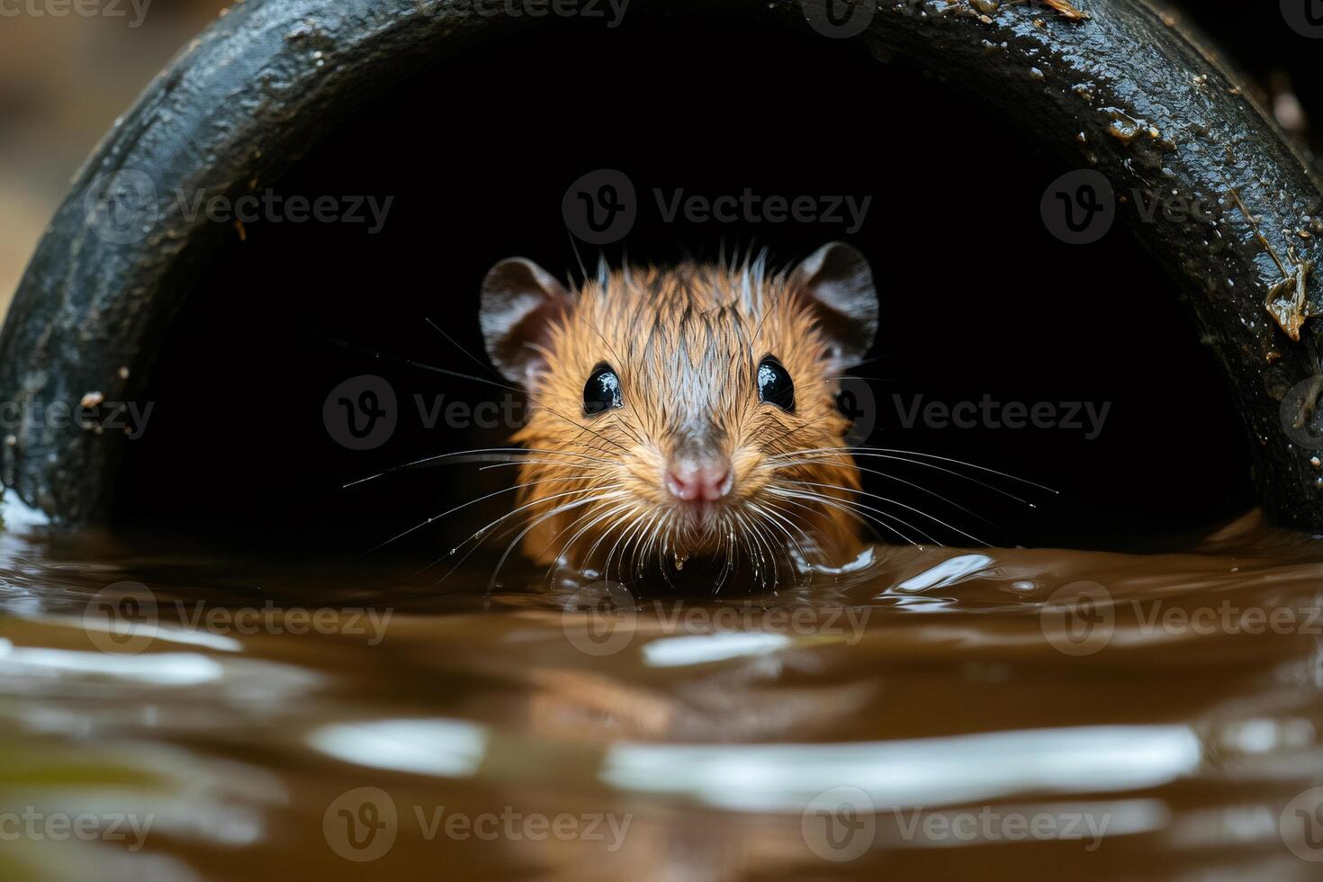 Wet rodent emerging from dark sewer pipe photo