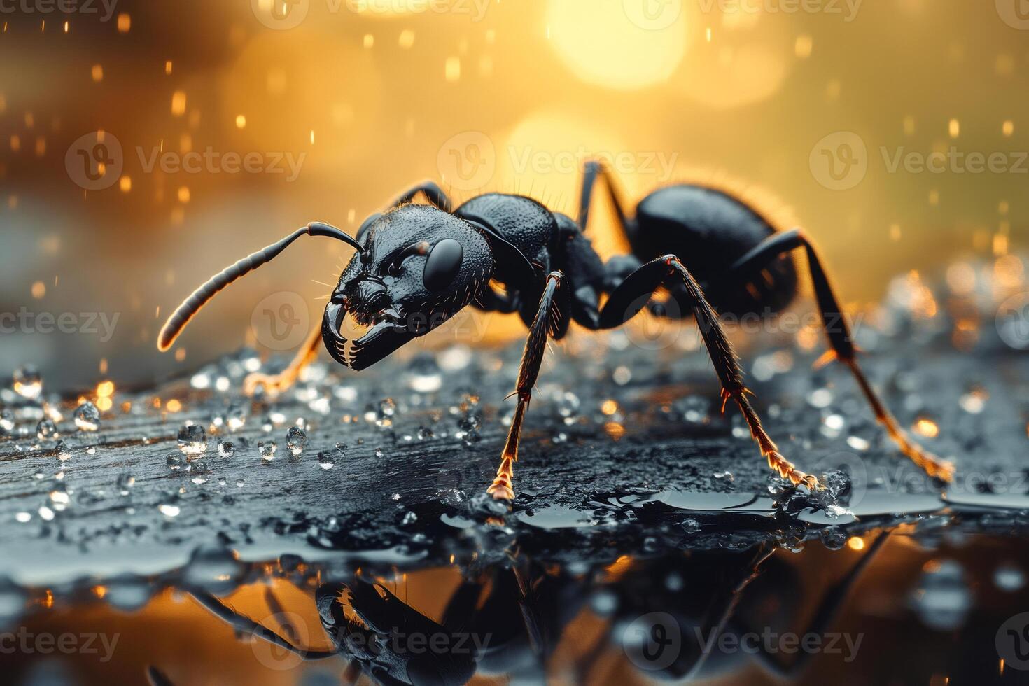 Black ant walking on wet surface with golden light reflection photo