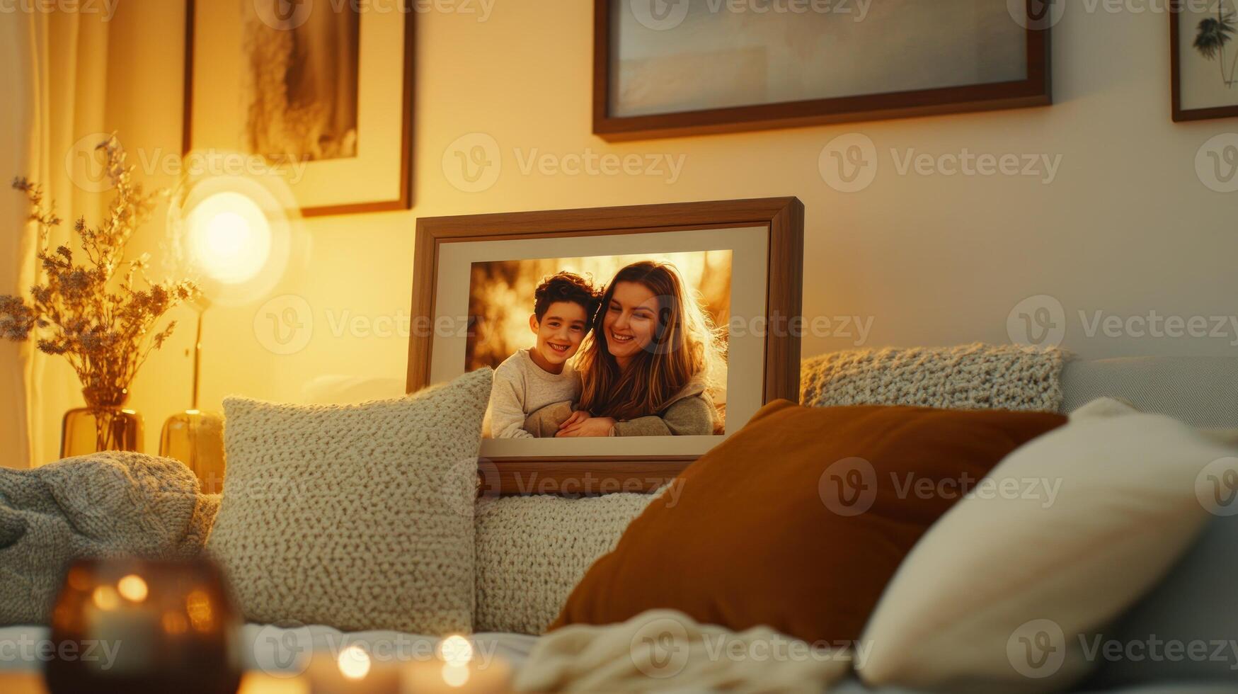 Framed Photo of a Mother and Son on a Cozy Sofa with Candles