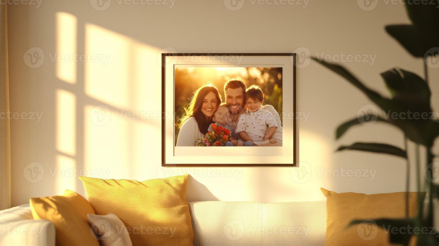Framed Photo of Happy Family in a Living Room with Yellow Pillows