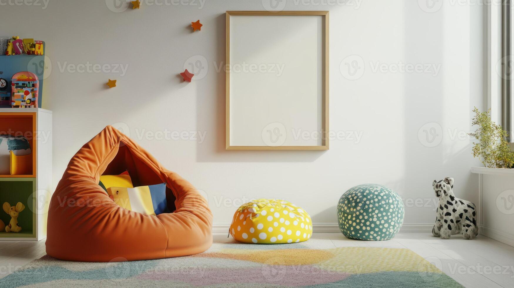 Playful Nursery with Orange Beanbag Chair and Colorful Pillows photo