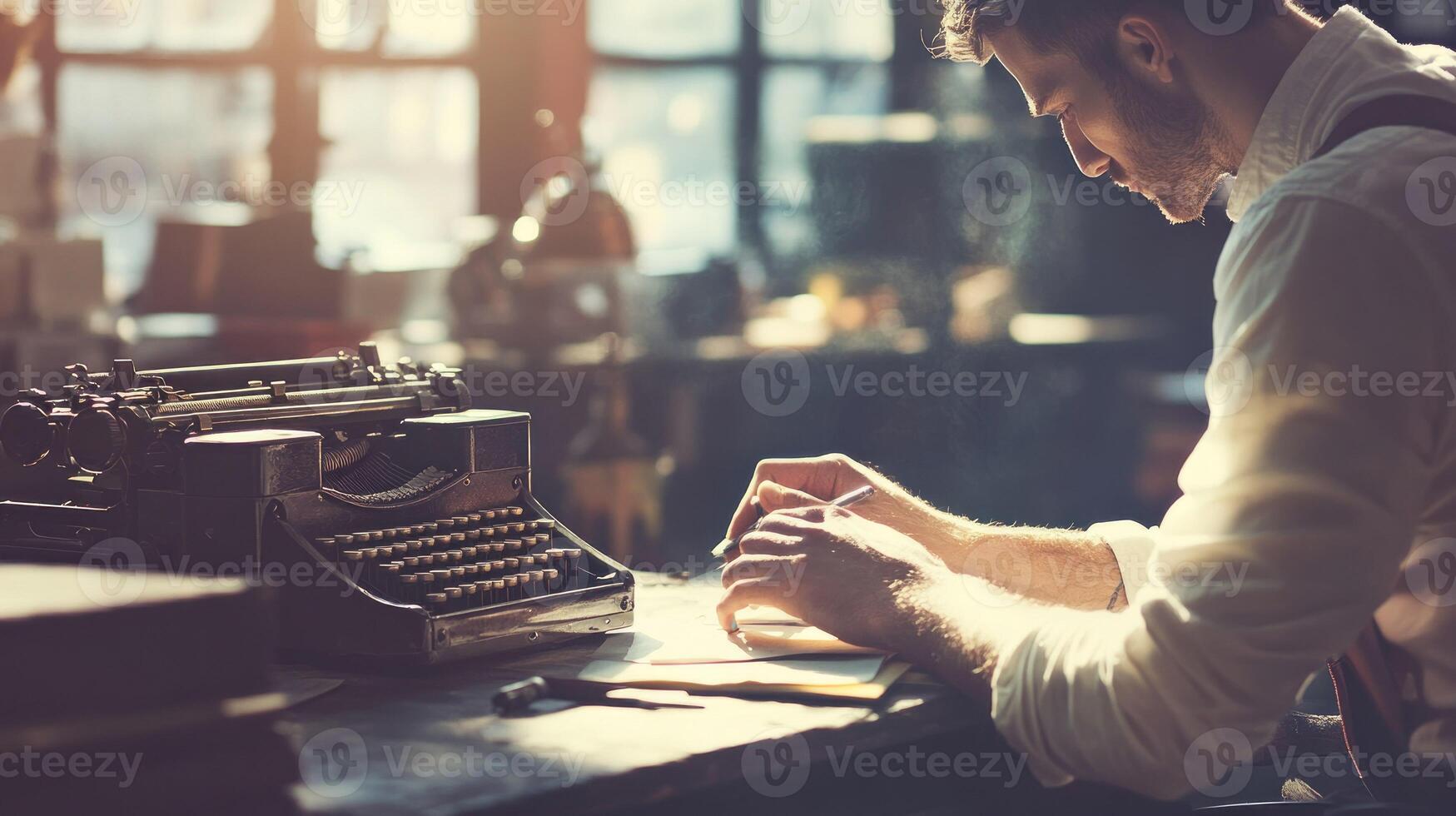 Man Writing at a Desk with a Vintage Typewriter photo