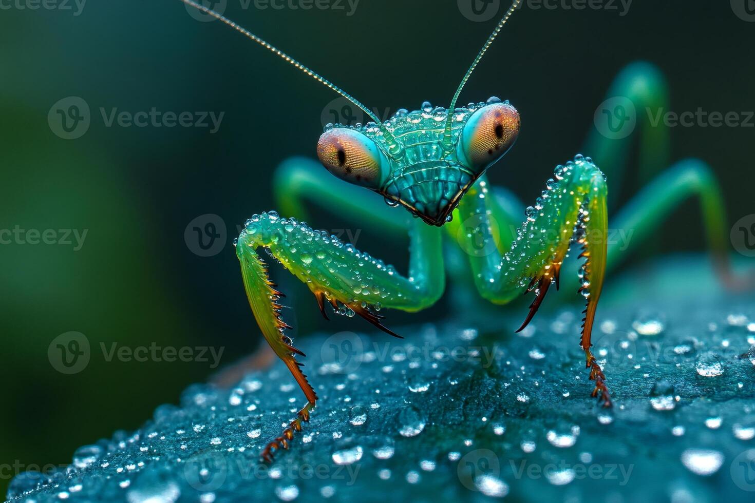 Praying mantis covered in dew drops on a leaf photo