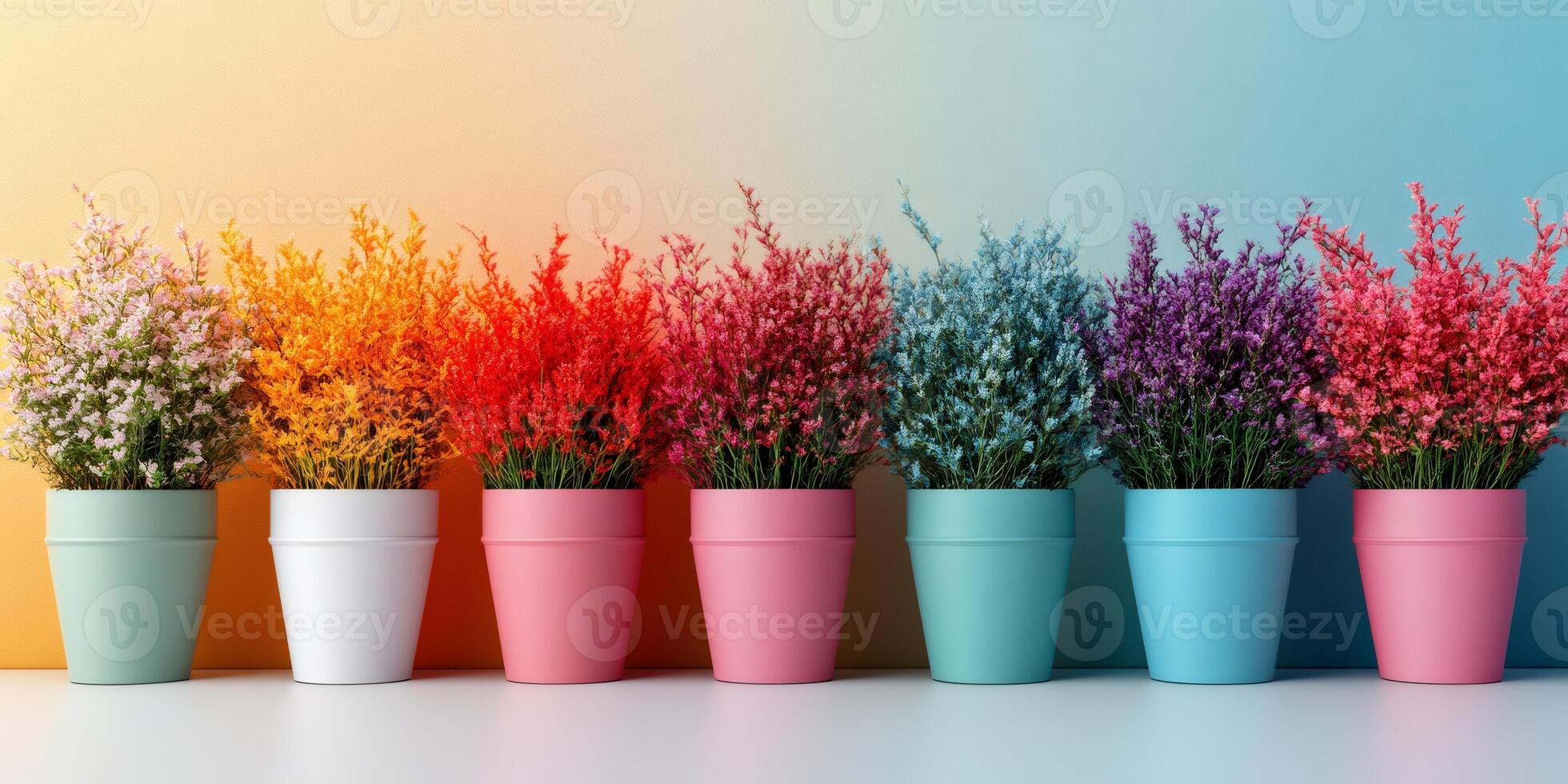 Colorful flowers in matching pots creating a vibrant rainbow display photo