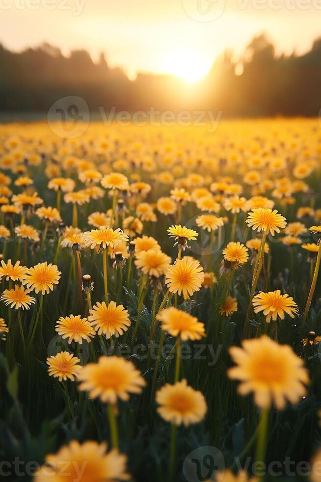 Golden hour illuminating vibrant dandelion field at sunset photo