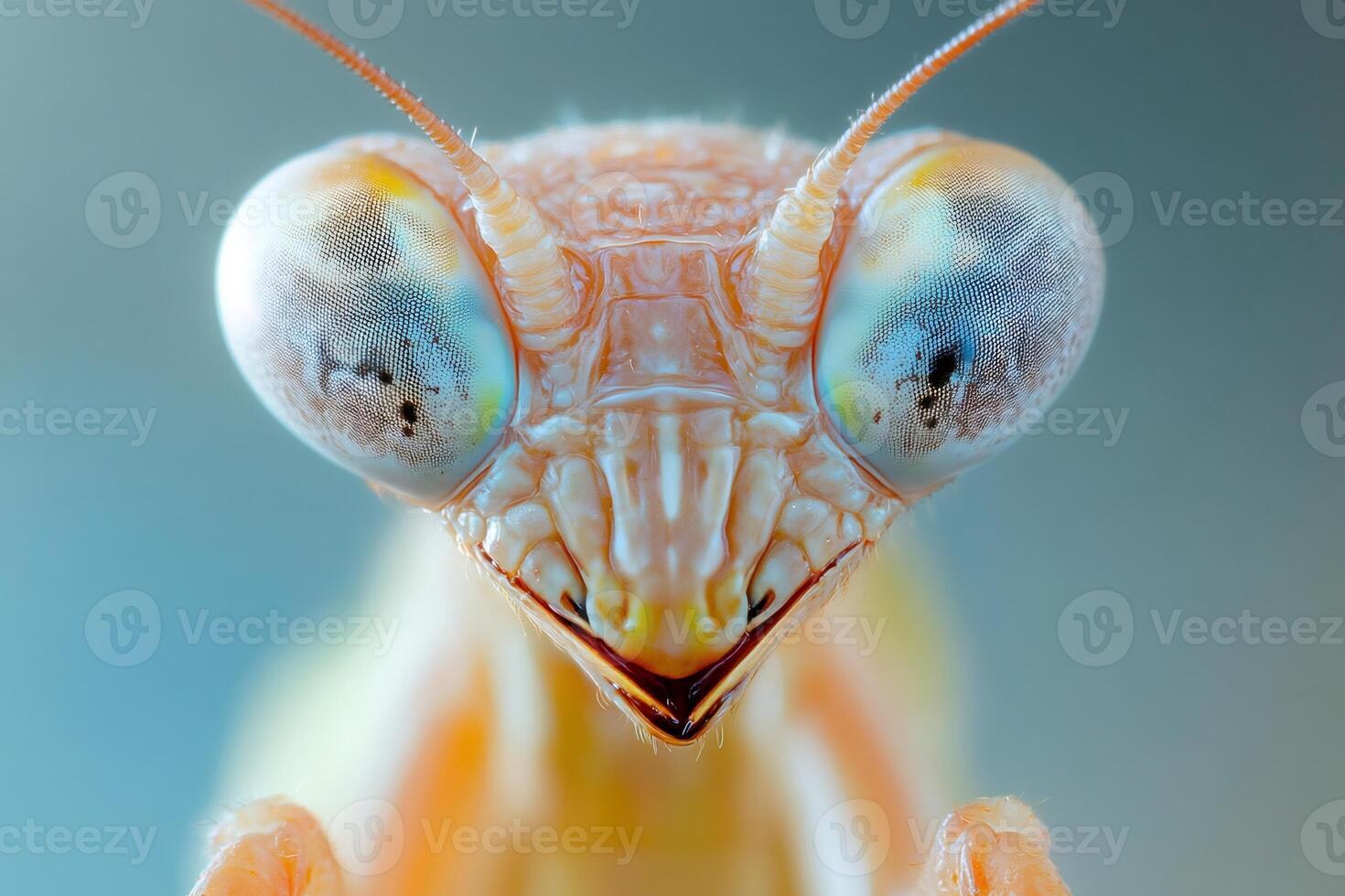 Praying mantis showing its compound eyes in extreme close up photo