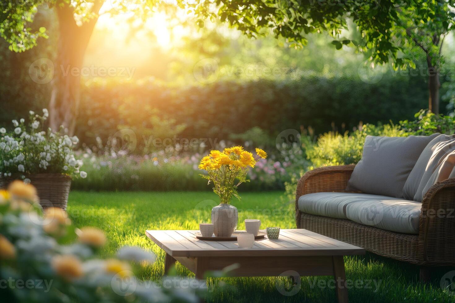 Relaxing summer garden with comfortable sofa and coffee table at sunset photo