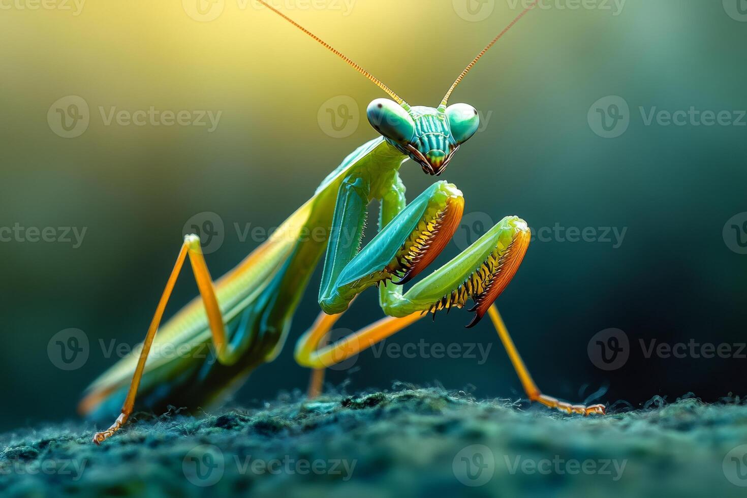 Praying mantis posing on a branch, close up of striking insect photo
