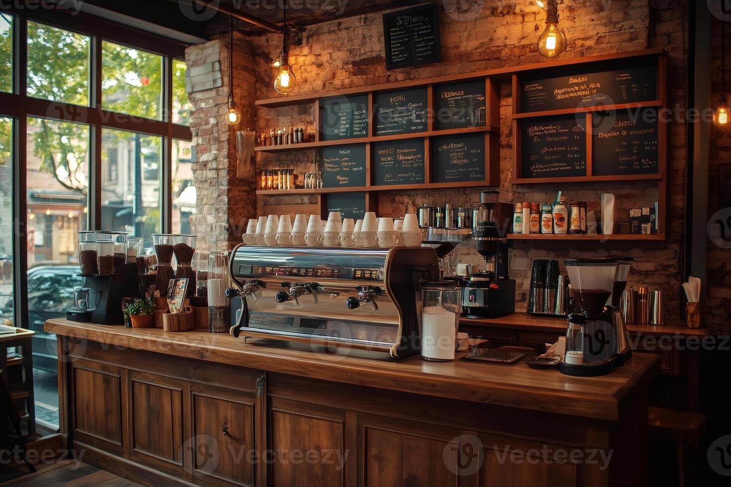 Professional espresso machine standing on wooden counter in cozy coffee shop photo
