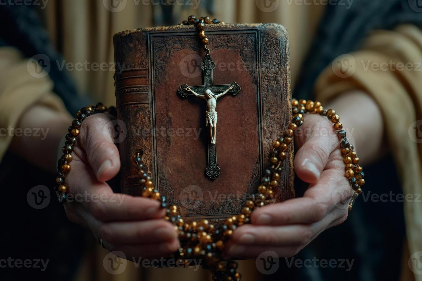 Nun holding holy bible and rosary, praying and seeking guidance photo