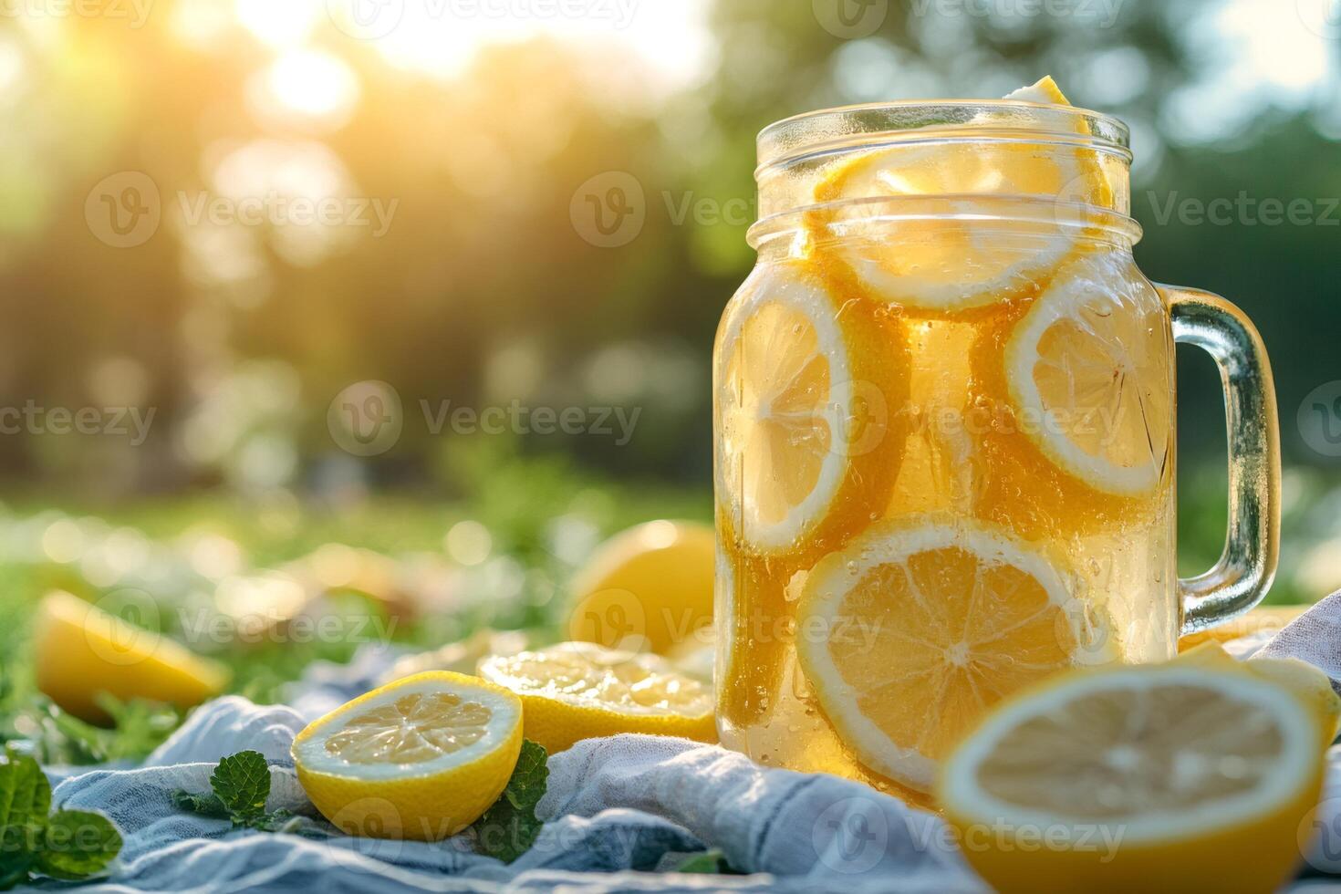 Refreshing lemonade in a mason jar with sliced lemons and mint on a sunny day photo