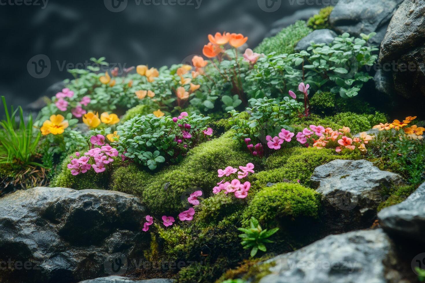 Colorful flowers growing on moss and rocks in miniature garden photo