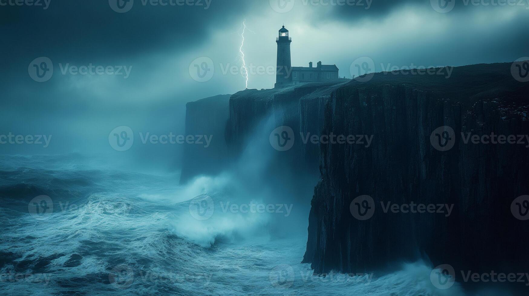 Lighthouse shining during storm with lightning striking the ocean photo