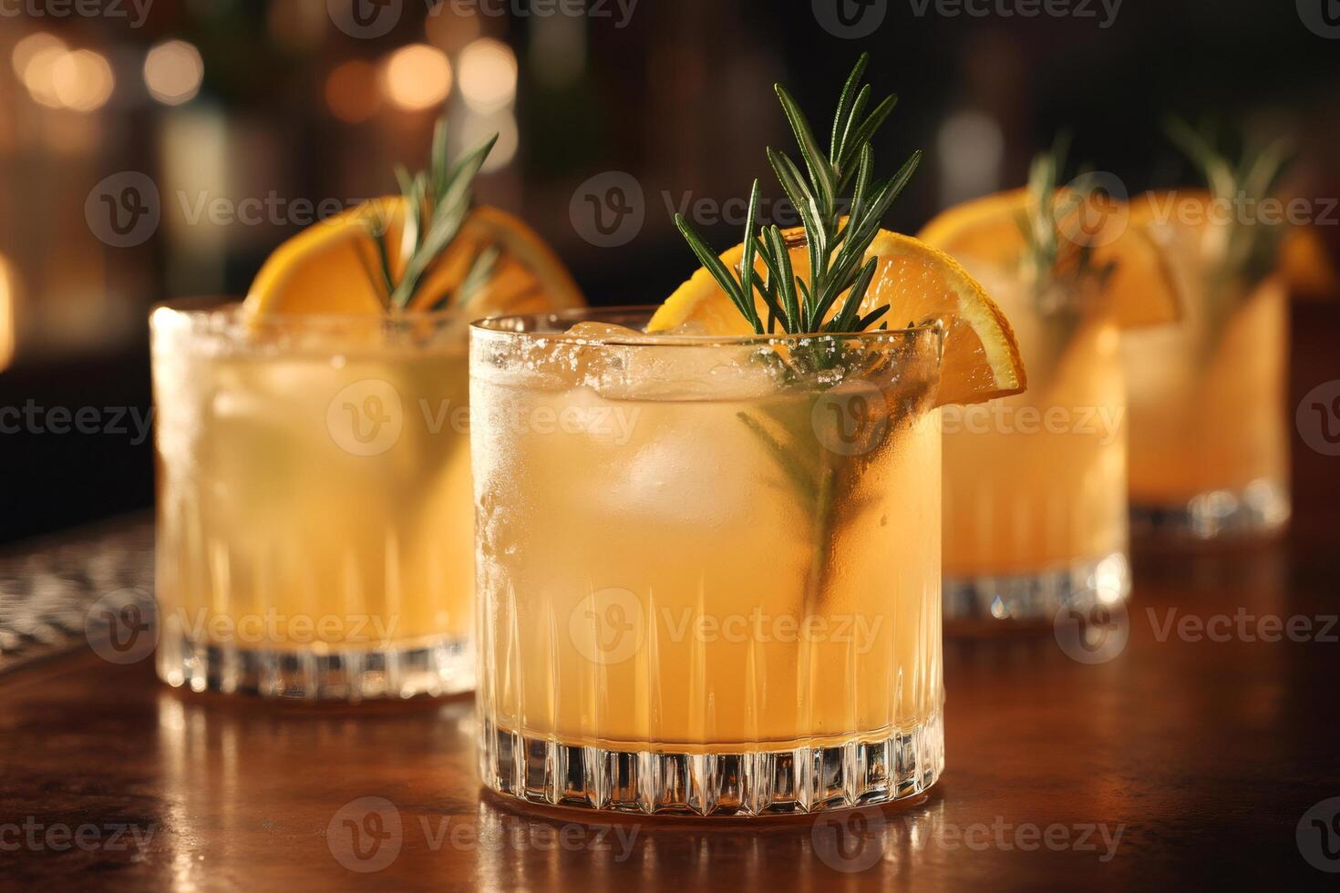 Refreshing cocktails with rosemary and orange garnish resting on bar photo