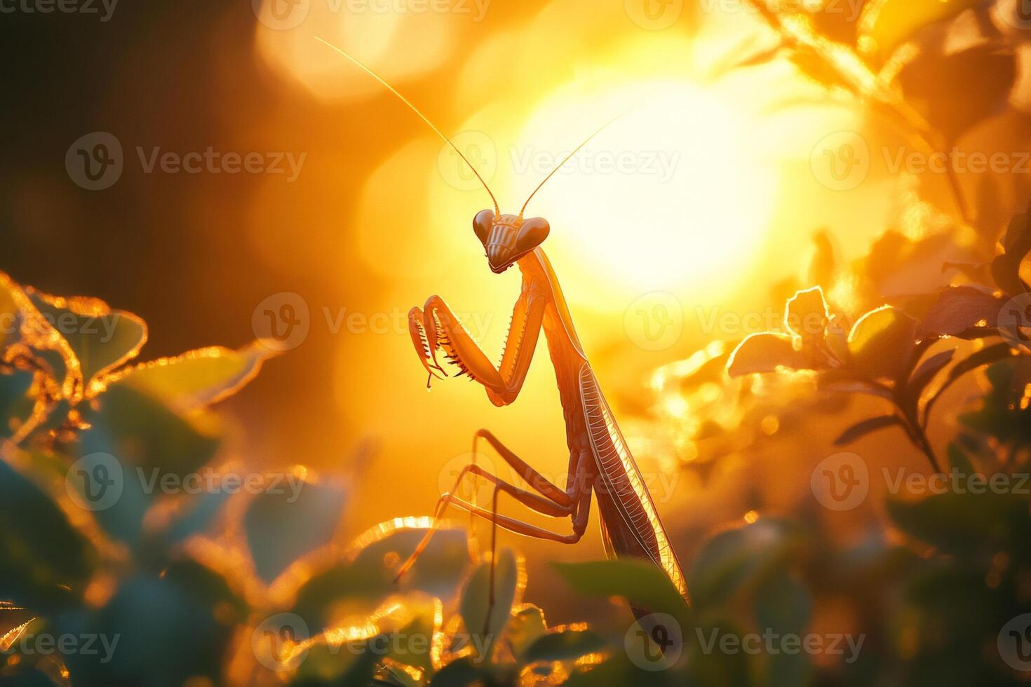 Praying mantis posing on a twig at sunset in nature photo