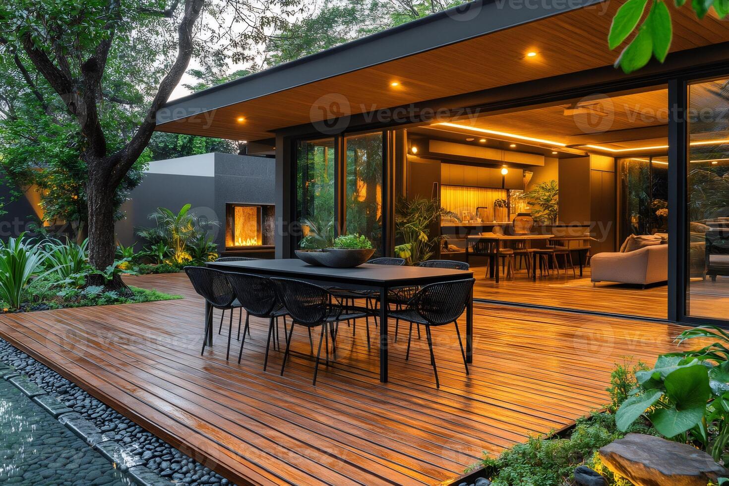 Modern house exterior with wooden deck, dining table and open living room showing interior design photo