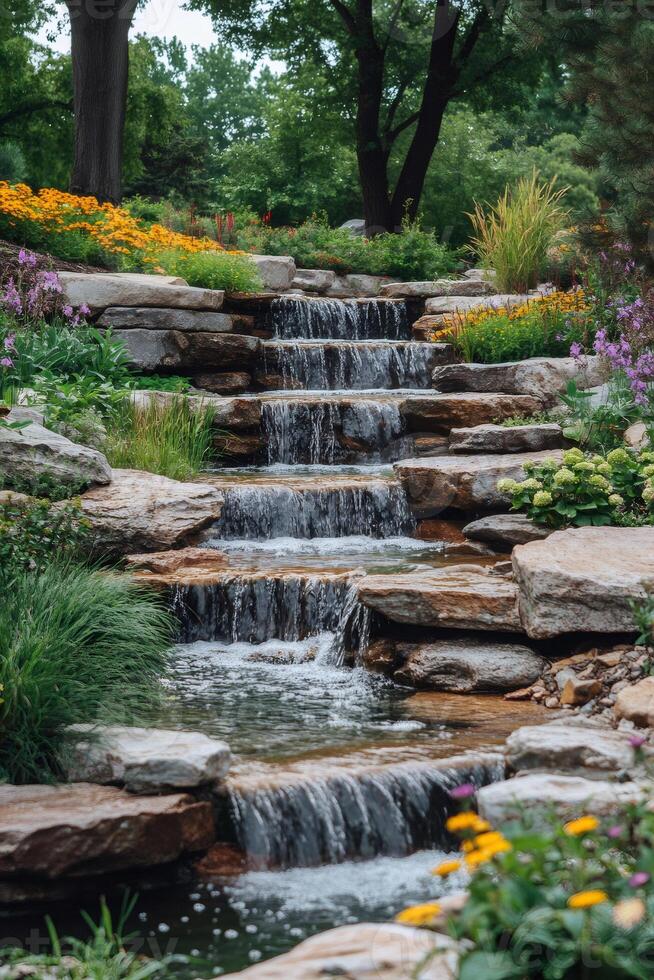 Cascading waterfall flowing through lush garden landscape photo
