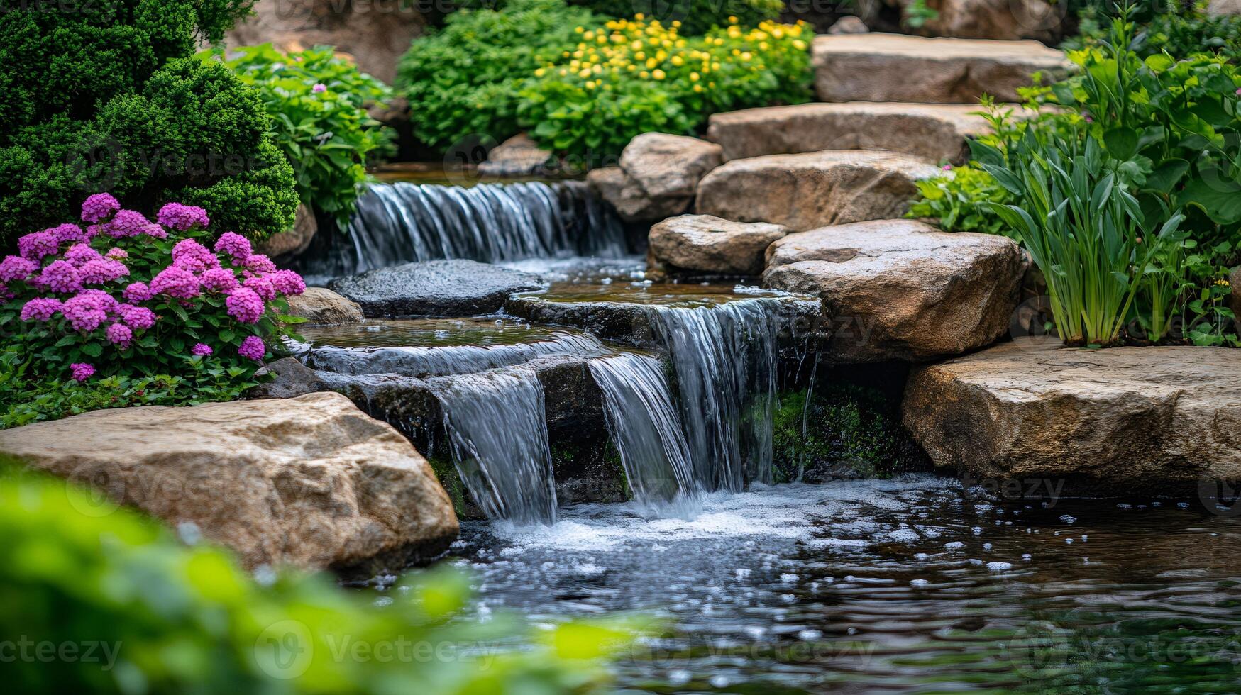 Cascading waterfall enhancing tranquil garden setting with lush greenery photo