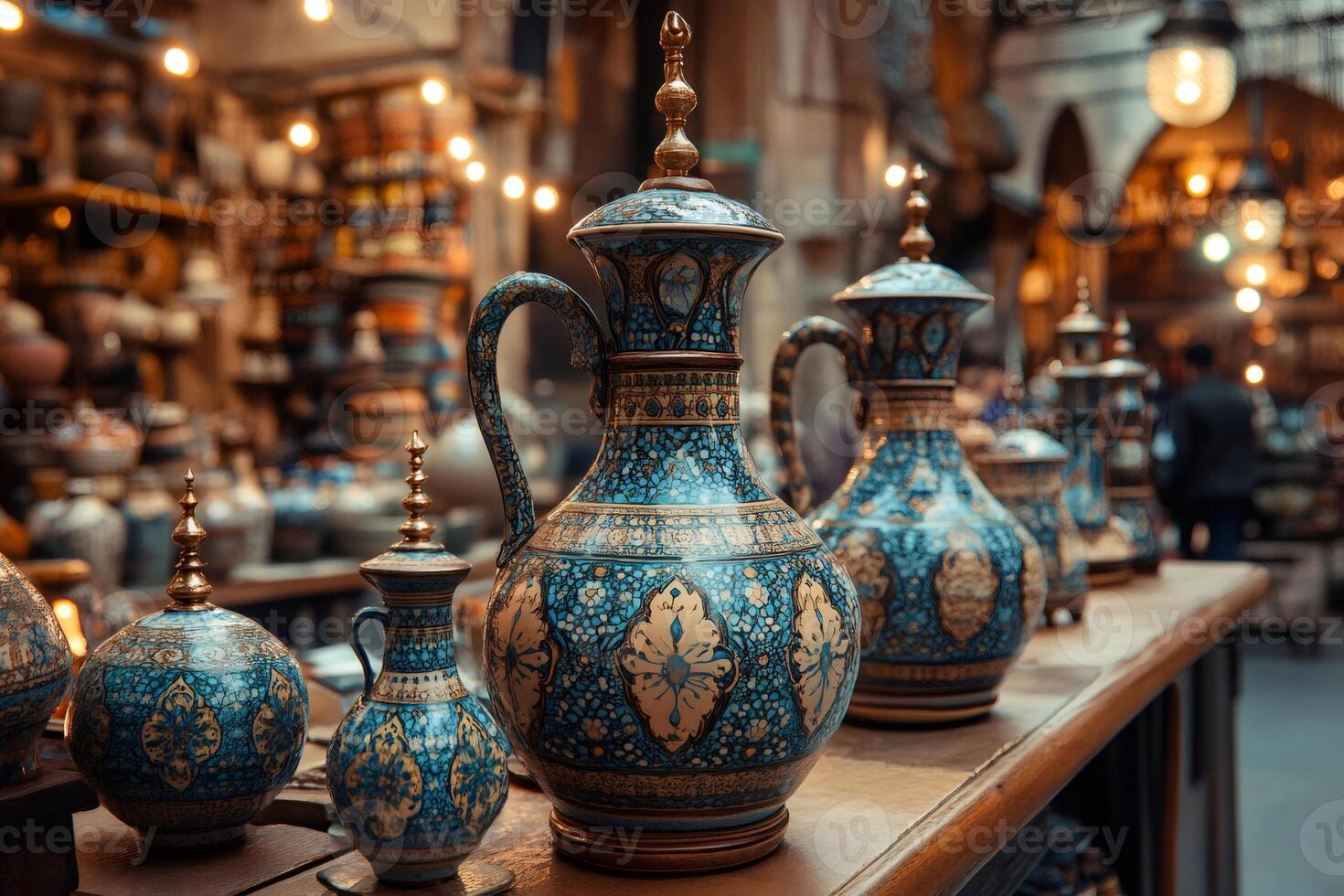 Traditional arabic handcrafted jugs and vases shining in a souvenir shop photo