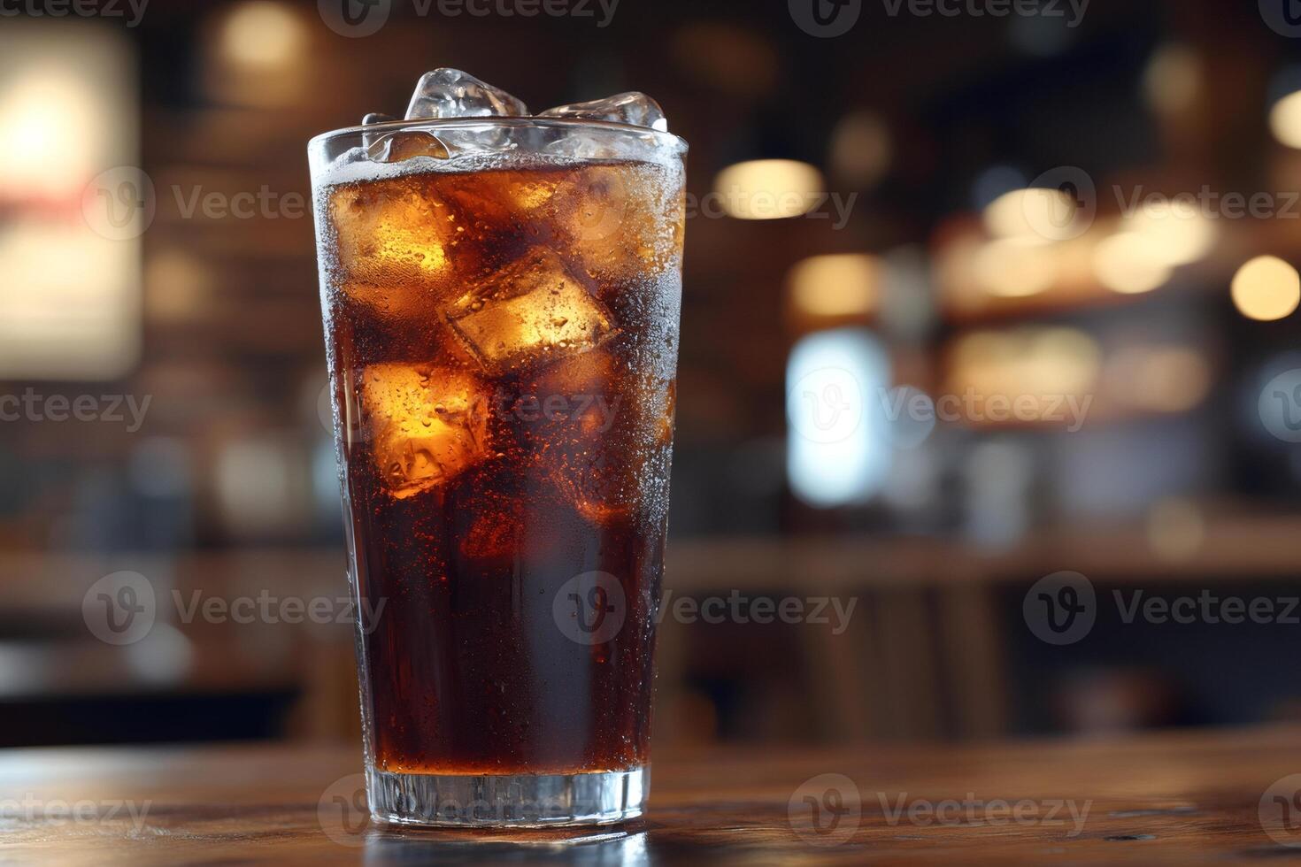 Refreshing glass of cola with ice cubes on a table in a restaurant photo