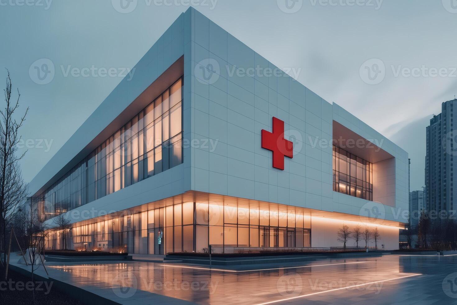 Modern hospital building showing red cross symbol at dusk photo