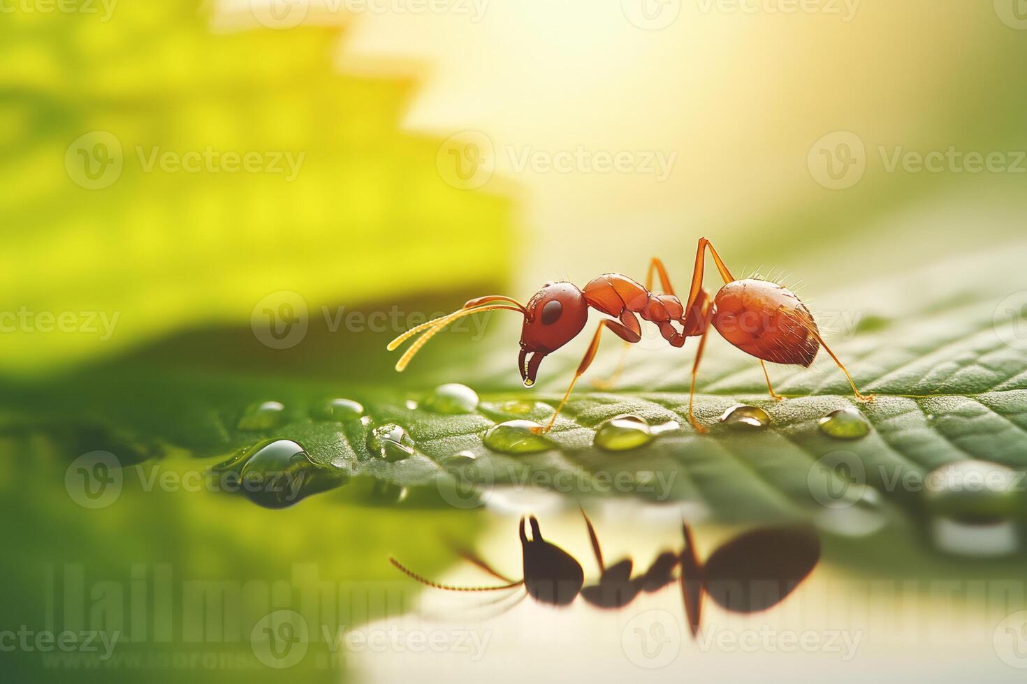 Red ant walking on green leaf reflecting in water droplets with sunlight photo