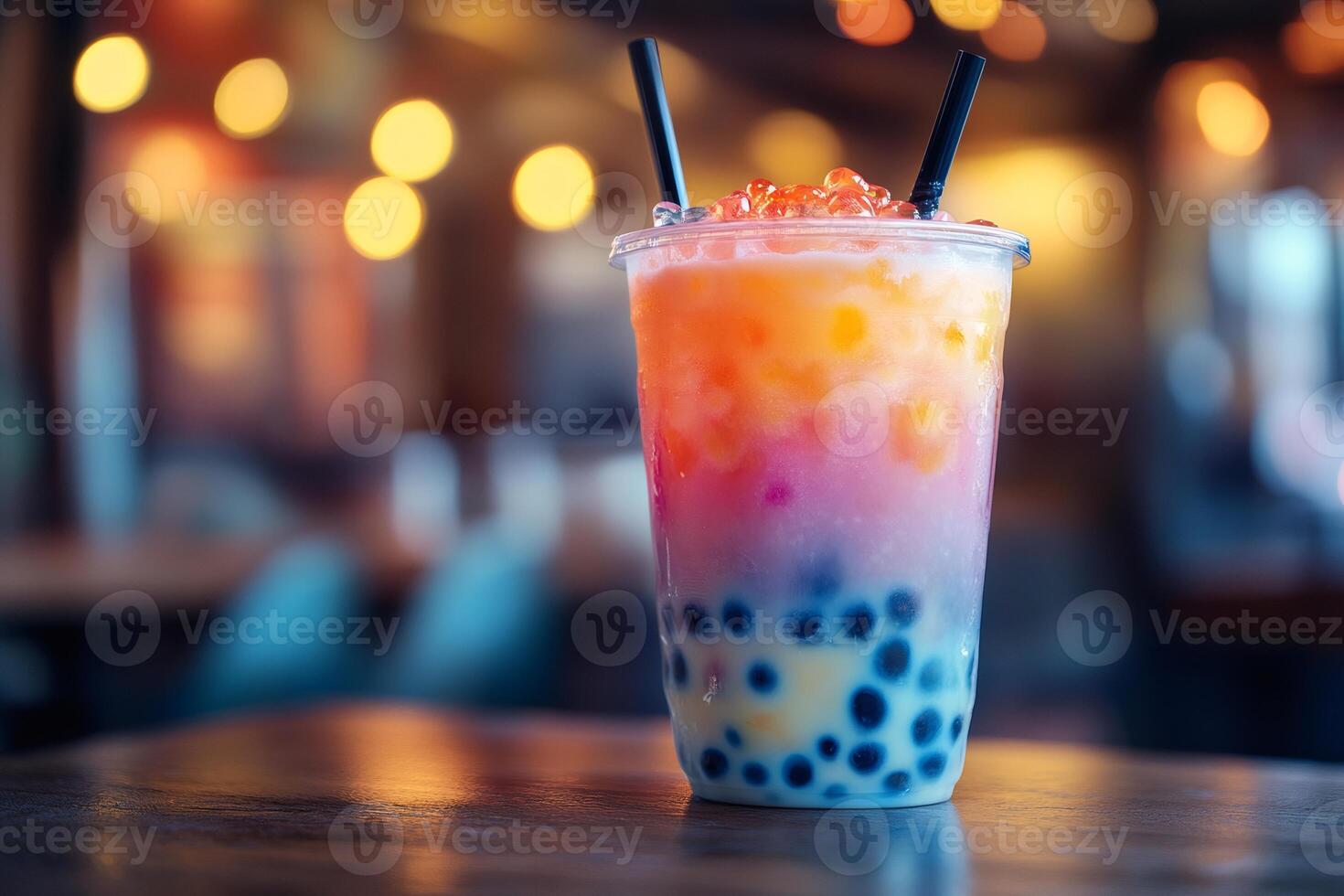 Refreshing bubble tea sitting on table in a cafe photo