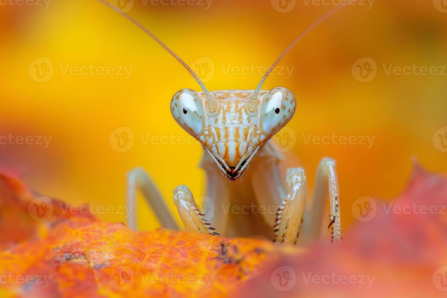 Praying mantis posing on colorful leaf in macro photography photo
