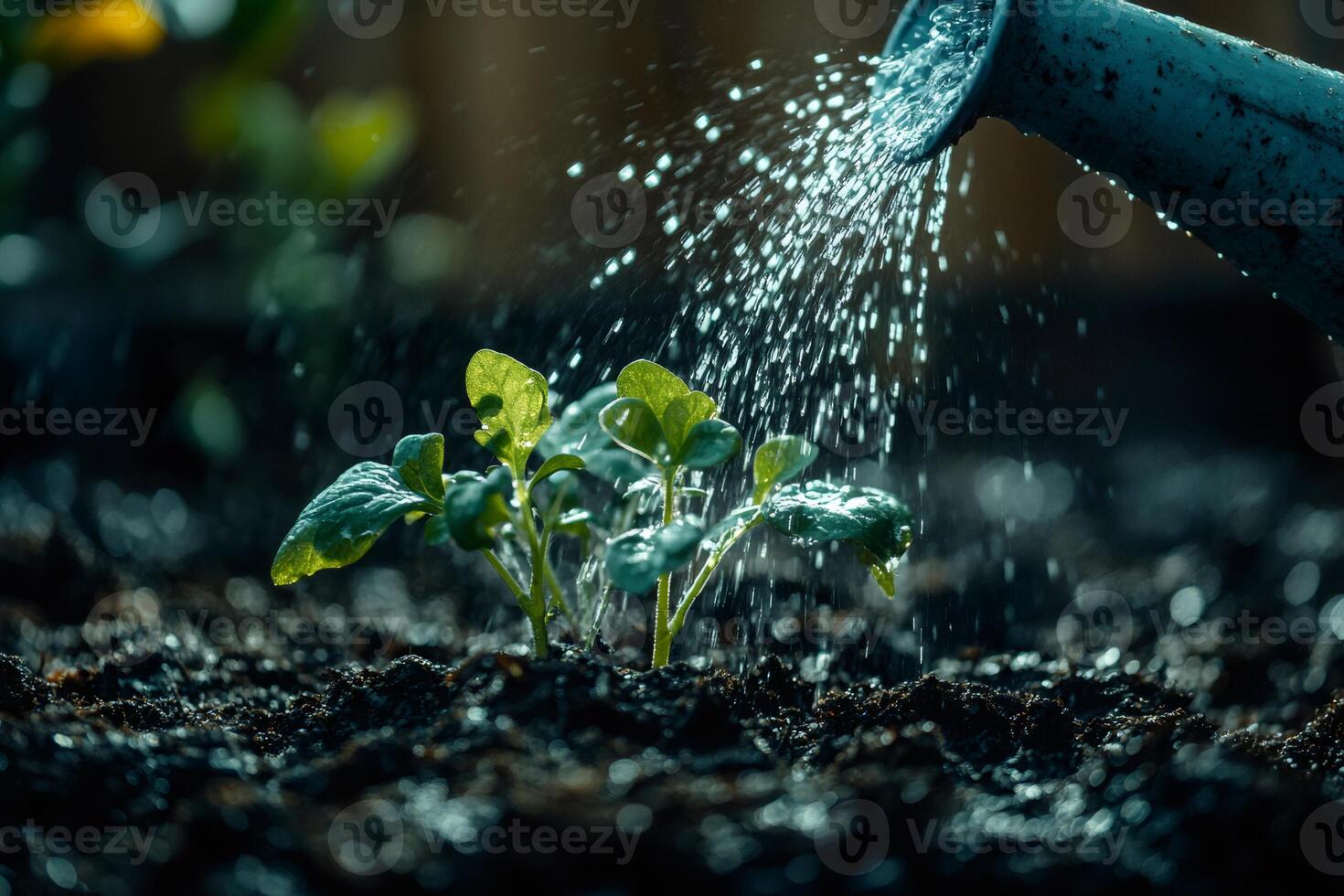 Watering can pouring water on seedlings growing in fertile soil photo