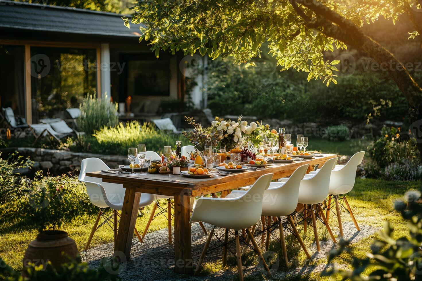 Elegant garden party table setting beneath a tree during golden hour photo