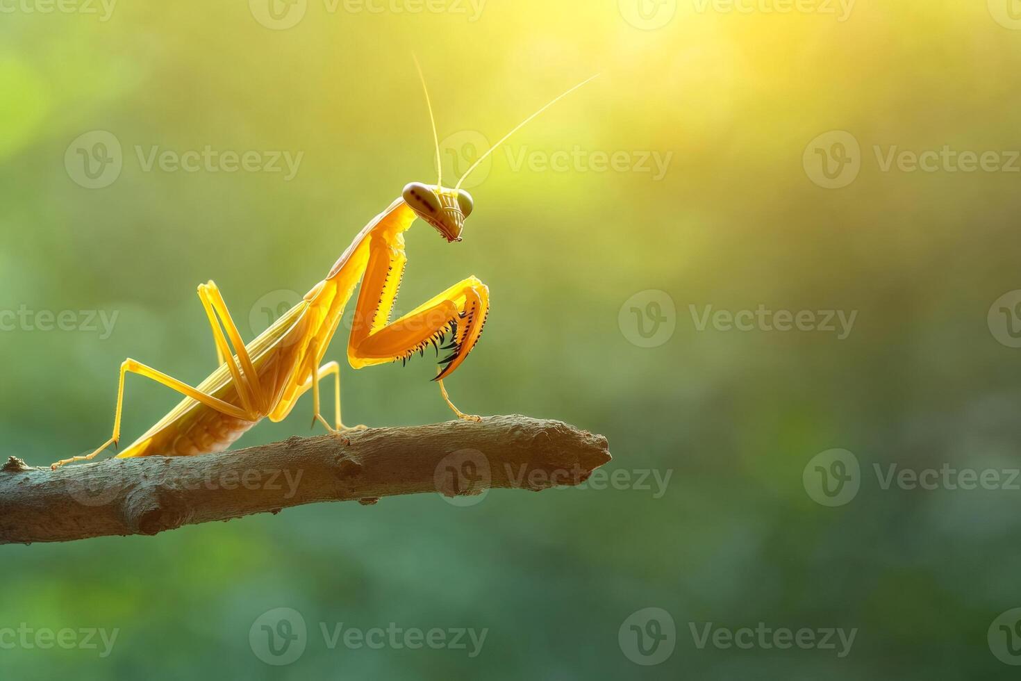 Praying mantis perched on branch with blurred green background photo