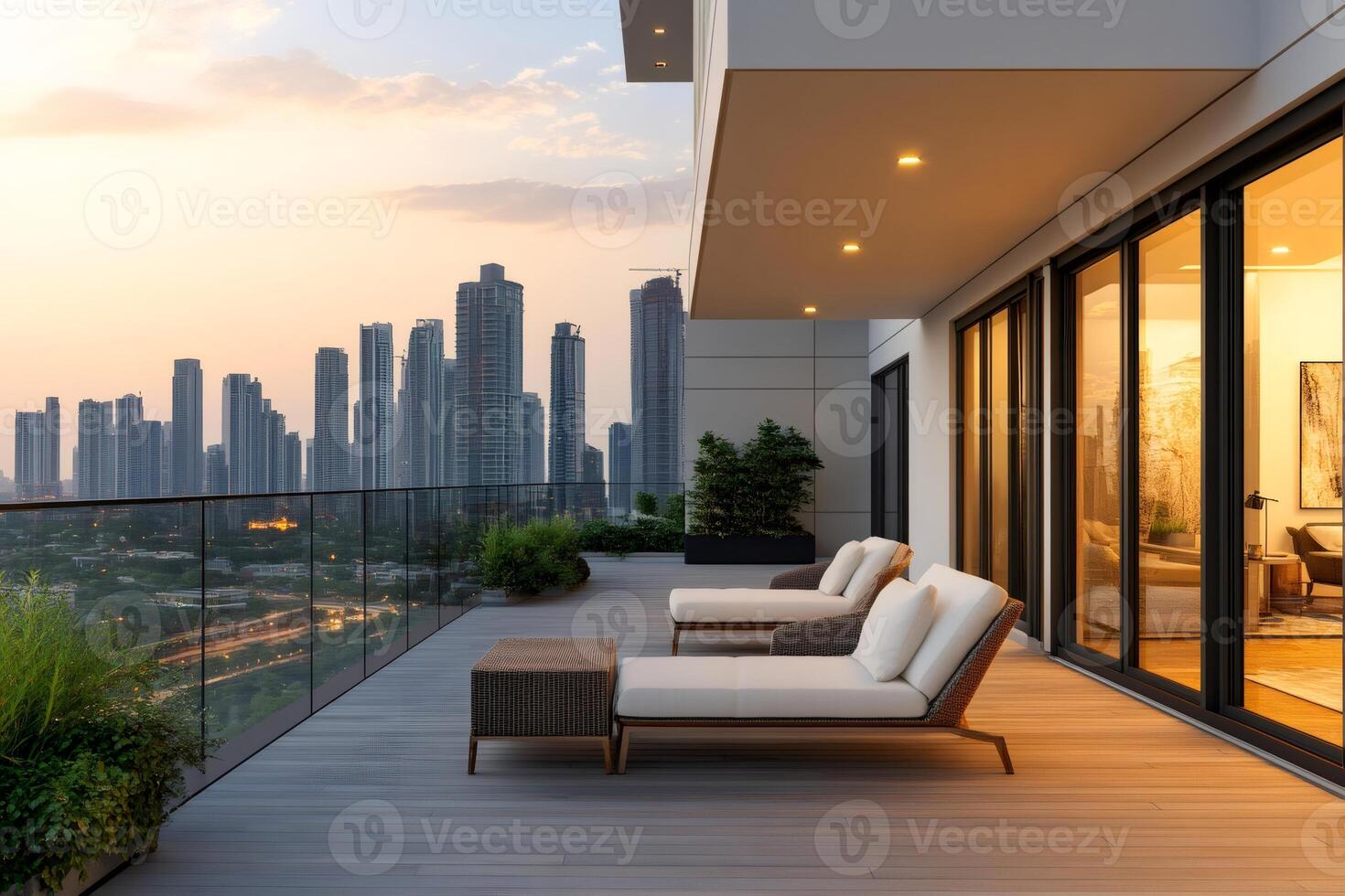 Relaxing rooftop terrace overlooking stunning city skyline at sunset photo
